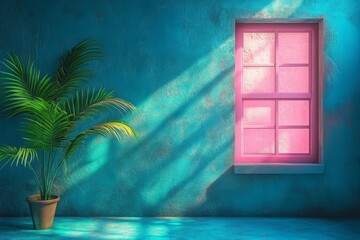 Aufkleber - Bright window with pink frames and palm plant in a vibrant blue room during the day