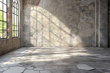 Fototapete - Sunlight casts shadows across a worn, abandoned interior in an old industrial building