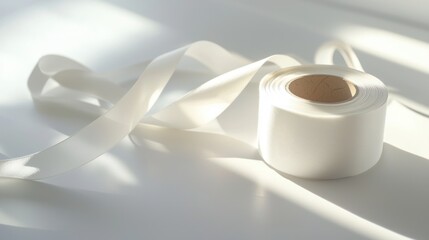 Fototapete - Soft white ribbon roll on bright surface casting long shadows minimalist design photography art