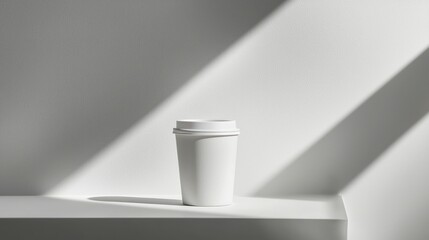 Aufkleber - Minimalist coffee cup presentation on clean shelf amidst stark sunlit wall perfect for mockup backdrop