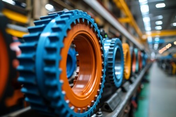 Aufkleber - Colorful production line with gears and wheels in a modern manufacturing facility