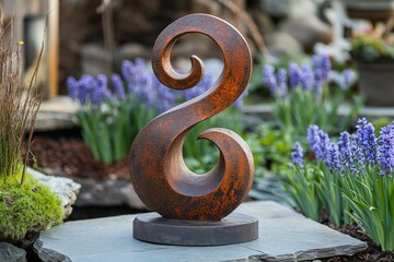 Leinwandbilder - Sculptural art piece located in a garden setting surrounded by spring flowers under natural light
