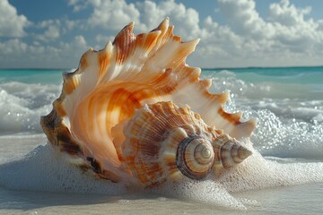 Aufkleber - Colorful seashells resting on the sandy beach under a blue sky with soft clouds during a sunny day