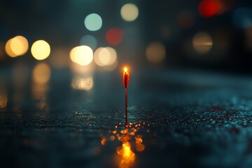 Aufkleber - Small candle stands alone on a wet street, glowing softly in the night amidst colorful bokeh lights