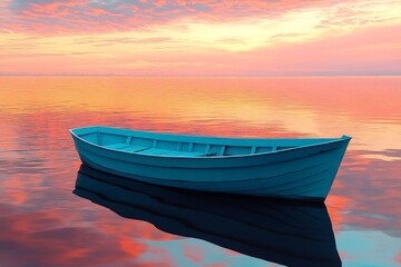 Poster - Serene sunset over calm water with a blue boat floating peacefully amidst vibrant colors