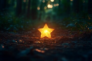 Leinwandbilder - Glowing star sculpture illuminated on a forest path during twilight