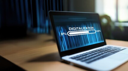 A laptop screen displays a progress bar for digitalization with the text digitalization on it, World digitalization and Digital Transformation concept