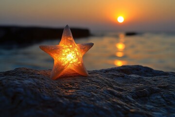 Aufkleber - Star-shaped candle on a rock at sunset by the ocean creating a serene atmosphere