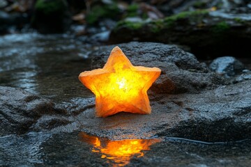 Aufkleber - Star-shaped candle glows softly beside a tranquil stream during dusk in a serene forest setting
