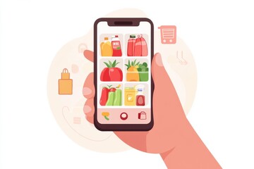 Fototapete - Hand holding smartphone displaying a grocery delivery app with a vibrant layout and user-friendly design Generative AI