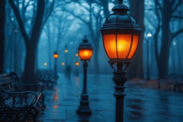 Aufkleber - Misty evening in a park with illuminated lanterns creating a serene atmosphere