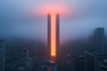 Poster - Stunning sunset illuminates urban skyline through misty fog revealing striking architectural details