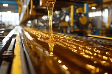Poster - Golden liquid flows steadily in a factory setting during industrial production process