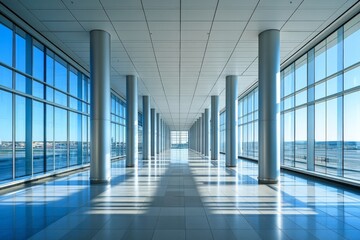 Poster - Modern airport terminal corridor with large windows showcasing bright blue sky and reflections on the polished floor
