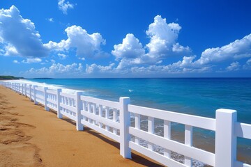 Aufkleber - Beautiful sandy beach with white fence and clear blue ocean under a bright sky during daytime