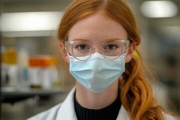 Poster - Young scientist wearing glasses and a mask in laboratory setting during work hours focusing on research and experimentation