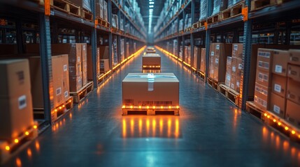 Poster - A well organized warehouse displays numerous boxes on pallets, showcasing an efficient logistics system for managing inventory and handling freight. The lighting creates a dynamic atmosphere.