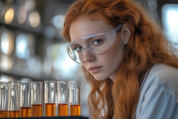 Aufkleber - Young scientist conducting experiments in a laboratory with orange liquids in glass test tubes
