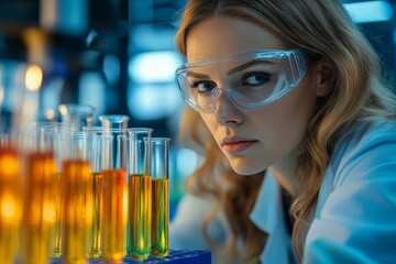 Aufkleber - Scientist conducting experiments with colorful liquids in a laboratory setting during the day