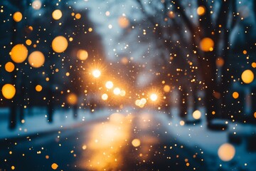 Poster - Beautiful winter evening with snowflakes and glowing streetlights creating a magical atmosphere