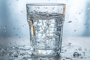Poster - Clear glass filled with sparkling water splashing on a smooth surface in bright light during the daytime