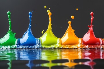 Aufkleber - Colorful paint splashes create a vibrant display on a reflective surface in an artistic setting