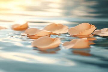 Aufkleber - Soft peach rose petals float gently on clear water as sunlight sparkles during a tranquil afternoon moment