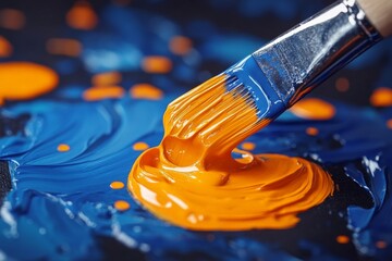 Aufkleber - Mixing vibrant orange and blue paint with a brush on a palette in a creative workspace