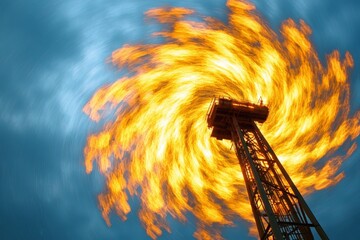 Aufkleber - Dramatic fire swirl around an industrial tower at twilight showcases energy and motion