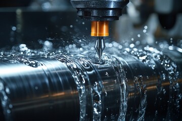 Aufkleber - Precision machining process on a cylindrical metal component in a workshop with water cooling in operation