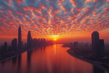 Poster - Stunning sunset over Dubai skyline with colorful clouds and reflective water