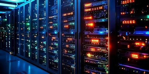 Row of network servers with glowing LED lights. Finest generative AI