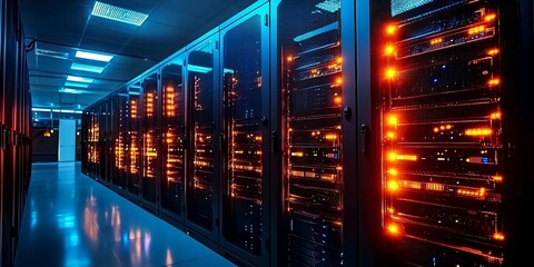 Row of network servers with glowing LED lights. AI digital illustration