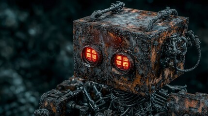 Poster - Rusty robot exploration abandoned factory digital art industrial environment close-up futuristic concept
