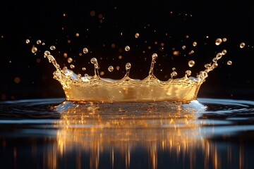 Aufkleber - Splash of golden liquid creating a crown-like formation on a dark reflective surface