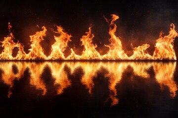 Poster - Dramatic flames dance above a calm water surface at night creating mesmerizing reflections of fire