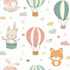 Aufkleber - Cute animals in colorful hot air balloons create a whimsical baby pattern for nursery decor and crafts Generative AI