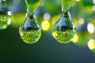 Poster - Droplets of green liquid hanging from leaves in a vibrant natural setting during daylight