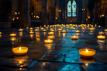 Poster - Candles illuminate a historic church interior during a peaceful evening ceremony