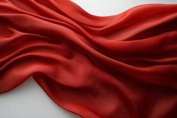 Poster - Vibrant red silk fabric draping elegantly on a flat surface showcasing texture and movement in natural light