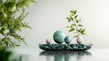 Aufkleber - Elegant green stone arrangement with leaves minimalist display indoor setting artistic home decor