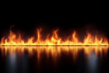 Poster - Dynamic flames rising against a dark background reflecting on a shiny surface during the night