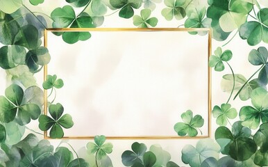 Wall Mural - a watercolor, realistic, detailed illustration of an empty gold frame surrounded by green shamrocks 