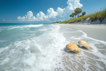 Aufkleber - Beautiful sandy beach with seashells and gentle waves under a clear blue sky