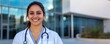 © Tin - Medical student smiling in hospital internship concept. Confident female doctor smiling outside a modern hospital.