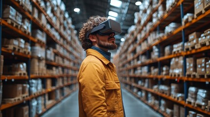 Aufkleber - A person wearing virtual reality goggles navigates an expansive warehouse filled with stacked boxes. The focus is on utilizing technology for inventory solutions.