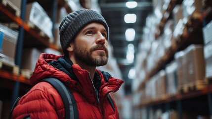 Leinwandbilder - Warehouse staff member wearing a red jacket and beanie surveys inventory from among tall shelves stocked with boxes, reflecting on logistics efficiency in a distribution hub.