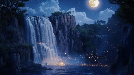 enchanting moonlight cascade, a nocturnal waterfall with magical fireflies