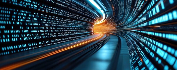 Binary code background with abstract database and light technology concept. A visually dynamic representation of digital data flow.