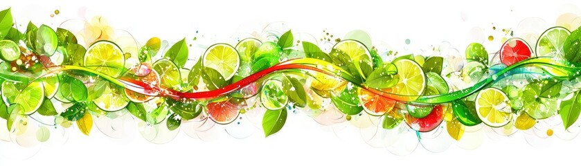 Wall Mural - Illustration of citrus fruit with leaves and colorful lines on white background for food product design